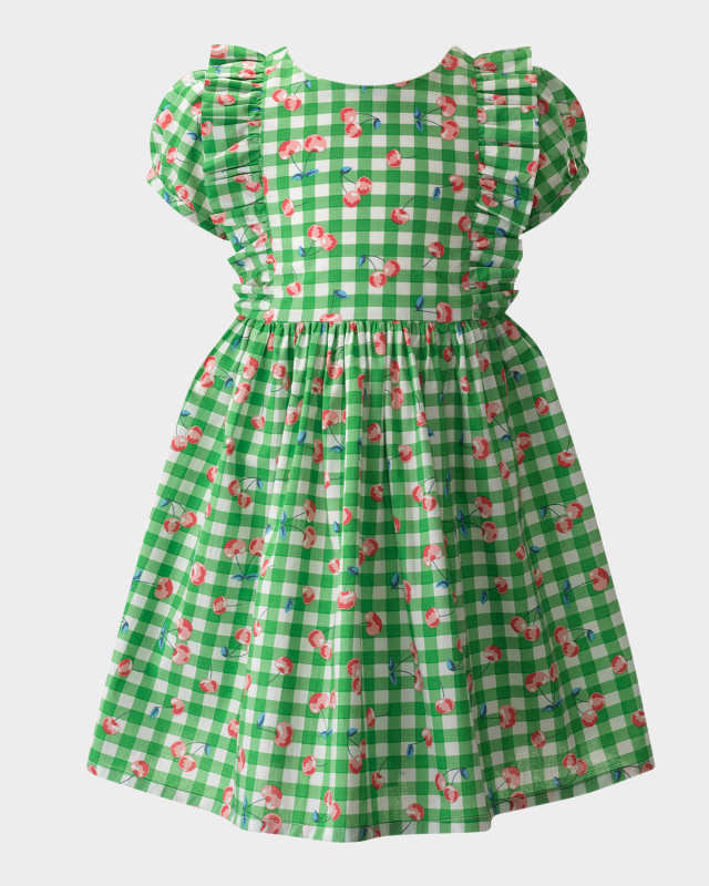 Girl's Cherry Check Puff-Sleeve Dress, Size 2-10